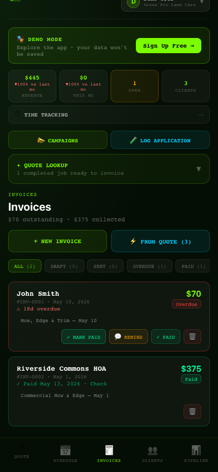 LAWN.Quote invoices with mark paid and remind actions