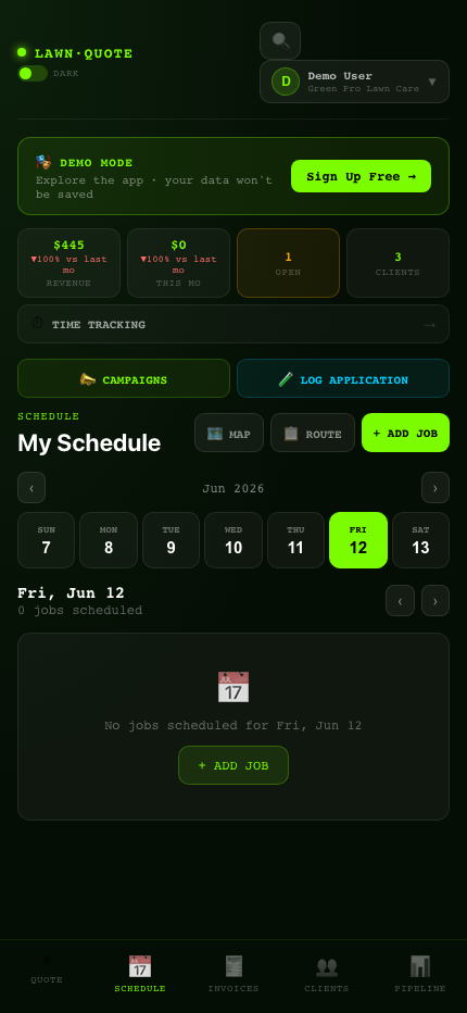 LAWN.Quote weekly schedule with map and route buttons